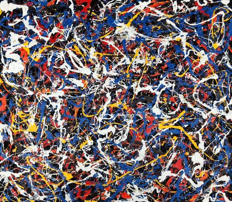 Abstract expressionist action painting with dynamic paint splatters and bold colors